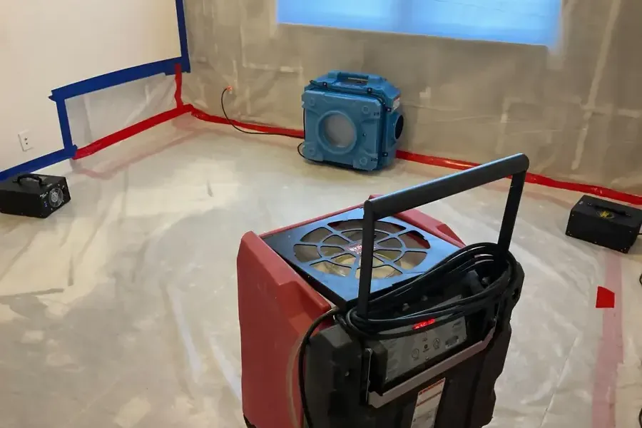 A dehumidifier and an air scrubber running inside plastic containment during a dry-out
