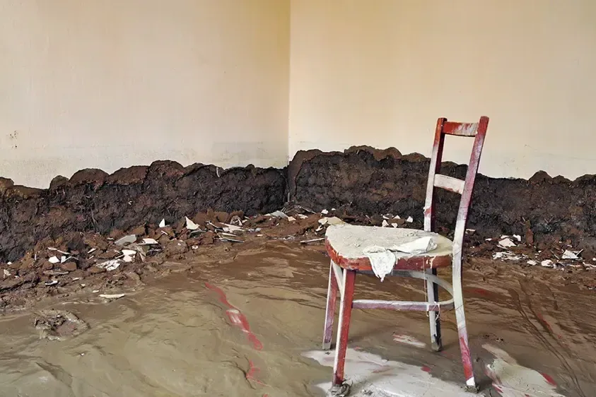 Mud and flood debris against a wall inside a home after floodwater got in