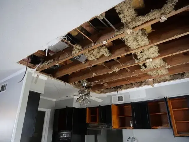 Wet kitchen ceiling drywall and insulation cut open after a leak