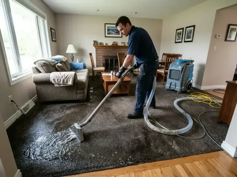 An extraction wand pulling standing water out of soaked living room carpet