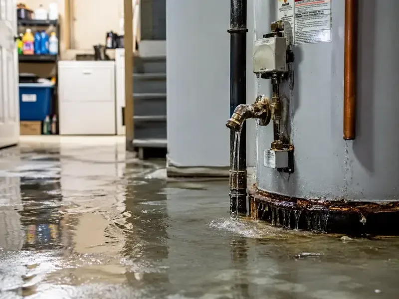 A leaking tank water heater with water spread across the utility room floor